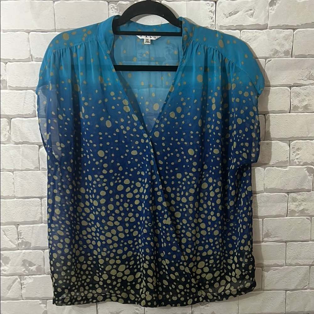 CAbi Blue and Gold Polka Dot Blouse Size Medium